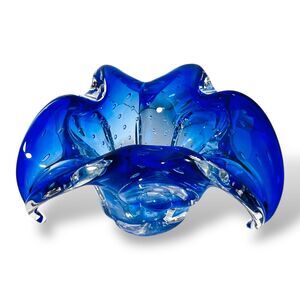 Murano Cobalt Art Glass Bowl Bullicante Barovier Toso Rolled Edge Flower Dish
